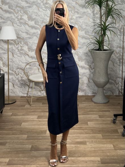 Golden Details Midi Dress/Dark Blue