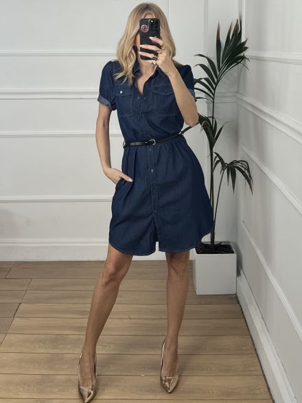 Denim Shirt Belt Dress/Dark Denim
