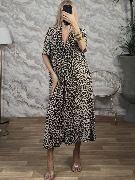 Animal ShortSleeves Midi Dress/Leopard