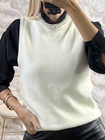 Sleeveless Knitted Pearls Top/Vanilla