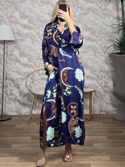 Tunic Buttons Moon Satin Maxi Dress/Royal Βlue
