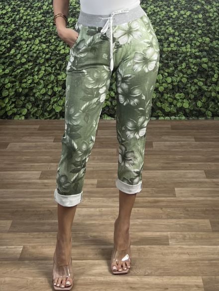 Cotton Floral Highwaist Sweatpants/Green