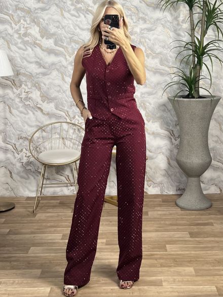 Vest Rhinestones Set/Burgundy