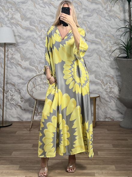 Tunic Petals Satin Maxi Dress/Grey