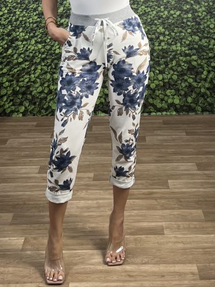 Cotton Floral Highwaist Sweatpants/Navy Blue