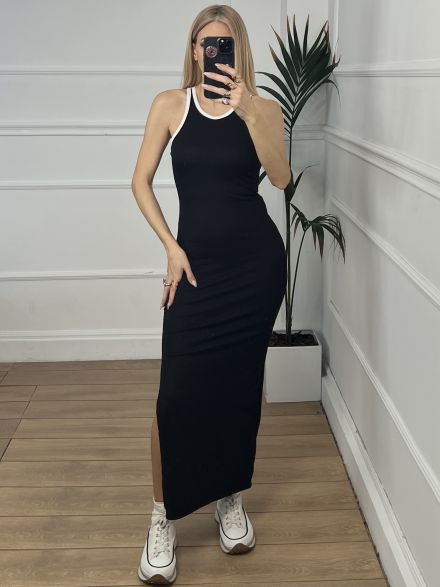 Maxi White Stripe Ripped Dress/Black
