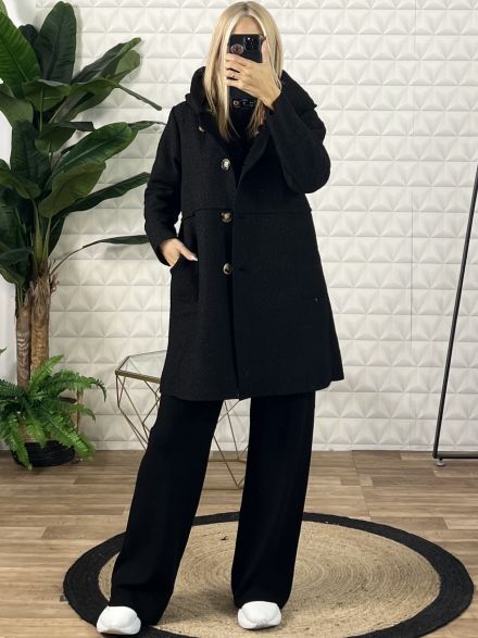 Hood Boucle Buttons Coat/Black
