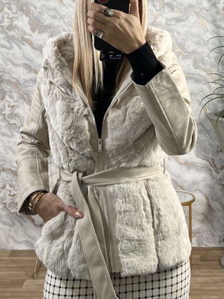 Fur Leather Jacket 2019-3/Beige