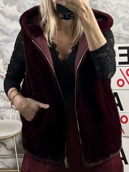 Hood Sleeveless Zipper Fur-1692/Burgundy