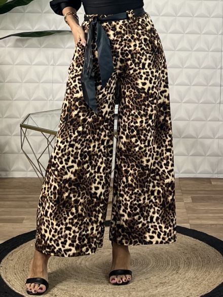 Wide Crep Animal Pants/Leo Beige