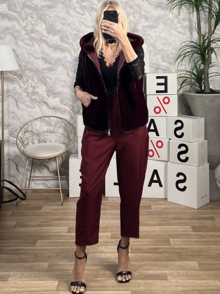 Hood Sleeveless Zipper Fur-1692/Burgundy