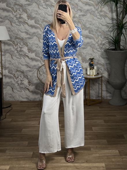 Knitted Lurex Belt Kimono-9311/Blue