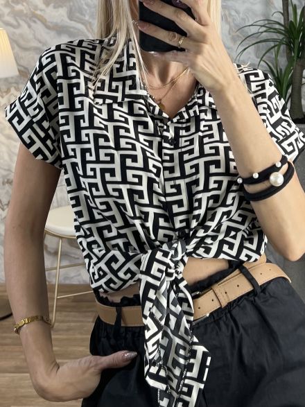 Cropped Printed Shirt/Meander-White2