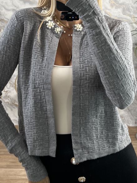 Cropped Knitted Pearls Cardigan/Grey