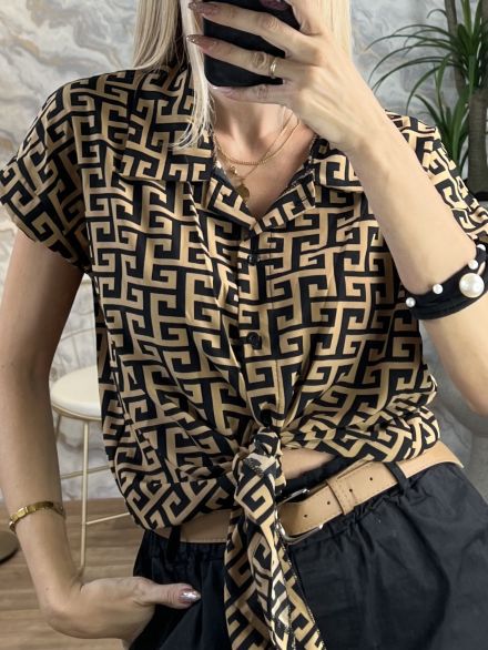 Cropped Printed Shirt/Meander-Camel2