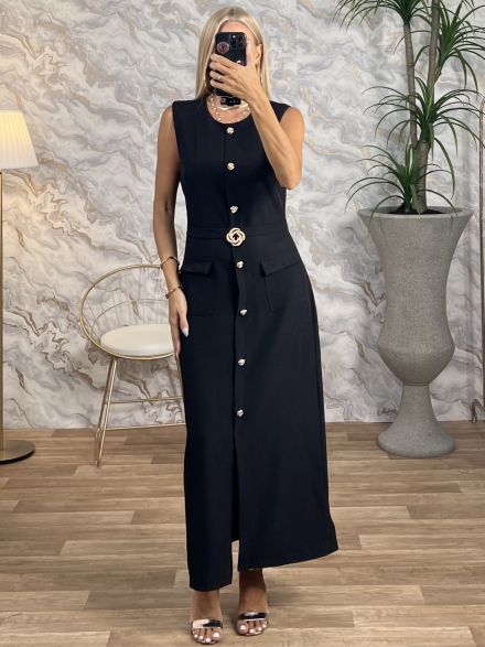 Golden Buttons Zipper Dress/Black