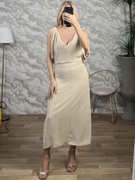 GoldPins Shoulder Midi Dress/Beige