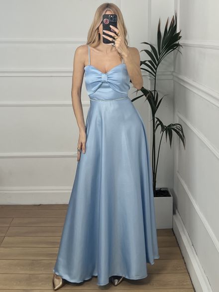 Satin Bow Maxi Dress/L.Blue