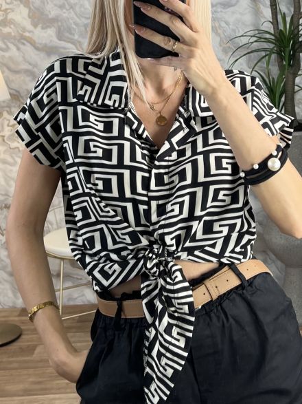 Cropped Printed Shirt/Meander-White1