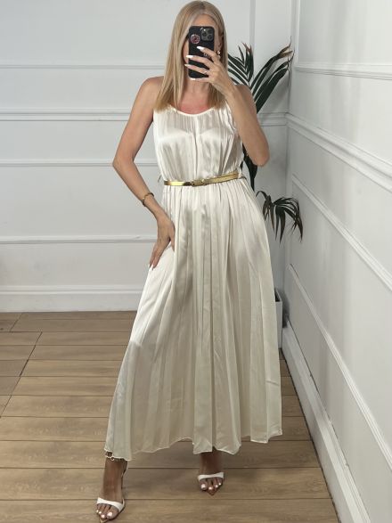 Satin Pleated Dress Belt/Offwhite