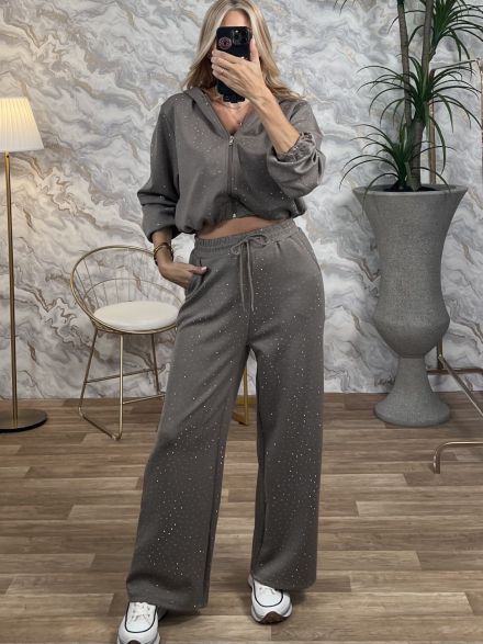 Sweatpants Strassed Hooded Set/Taupe