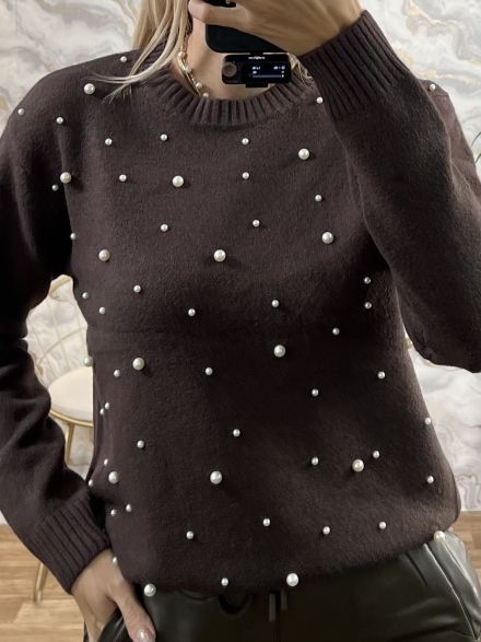 Viscose Pearls Sweater-8059/Chocolat