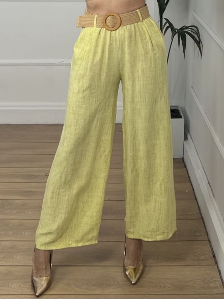 Belt Wide Leg Viscose Pants/Yellow