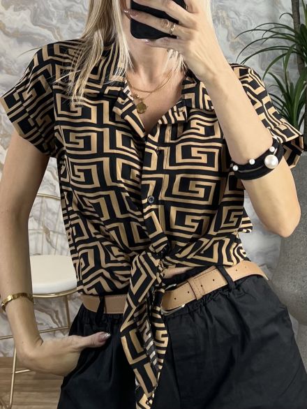 Cropped Printed Shirt/Meander-Camel1