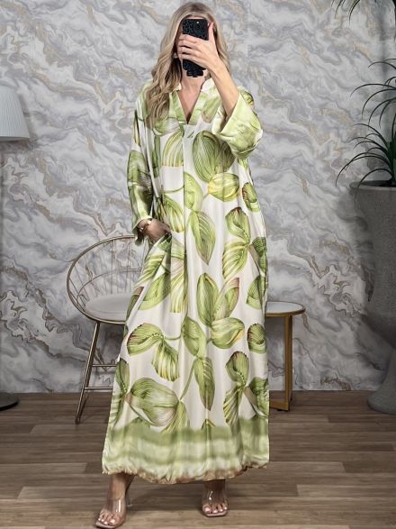 Tunic Leaves Satin Maxi Dress/Green