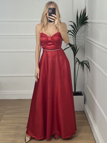 Satin Bow Maxi Dress/Red