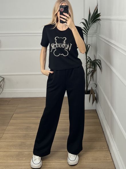 Viscose Shortsleeves Pearl Bear Set/Black