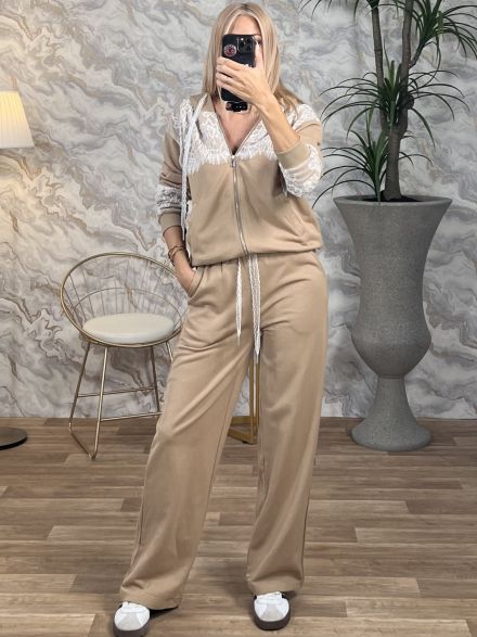 Lace Zipper Tracksuit Set/Beige