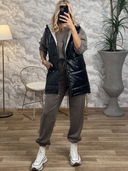 Metallic Sleeveless Jacket-9075/Black