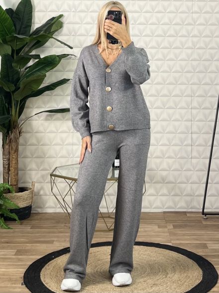 Knitted Buttons Cardigan Set/Grey