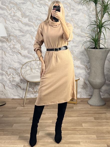 High Neck Belt Dress/Beige