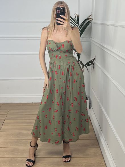 Midi Dress Buttons/Cherries Khaki