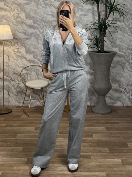 Lace Zipper Tracksuit Set/Grey