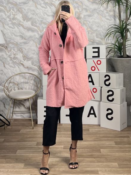Hood Boucle Buttons Coat/Salmon Pink
