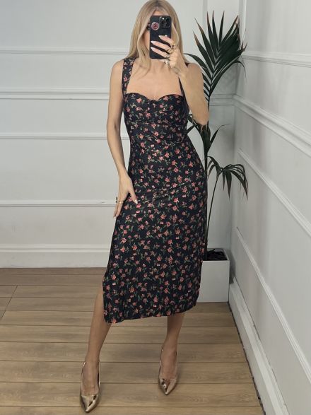 Floral Satine Dress/Black-Red