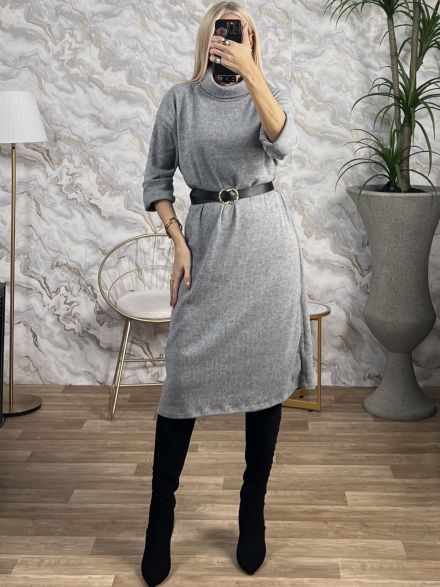 High Neck Belt Dress/Grey