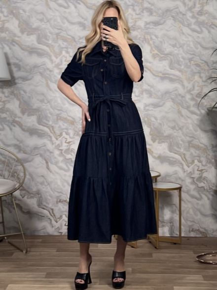 Denim Belt&Buttons Midi Dress-9197/Navy Blue