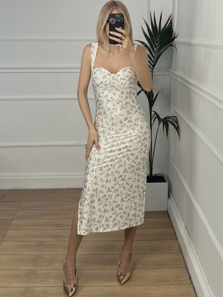 Floral Satine Dress/White-Pink