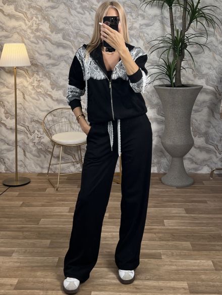 Lace Zipper Tracksuit Set/Black