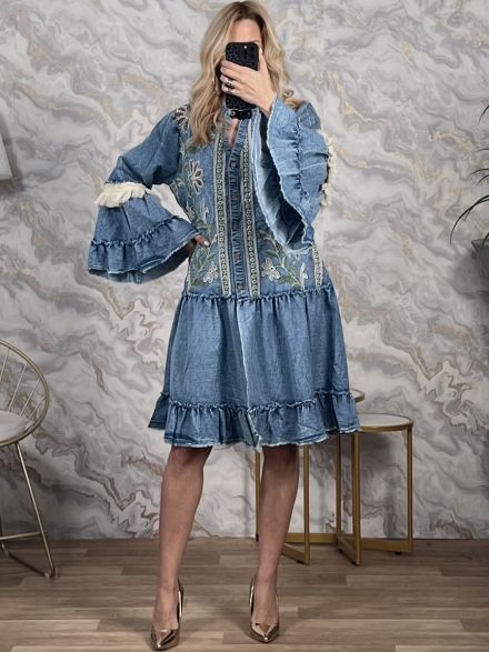 Embroidered Cabbana Sleeves Mini Dress-6307