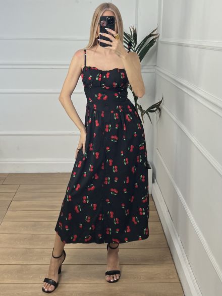 Midi Dress Buttons/Cherries Black