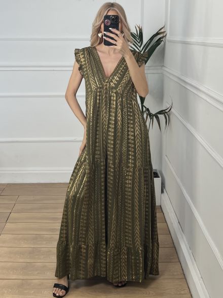 Boho Gold Maxi Dress-2564/Khaki