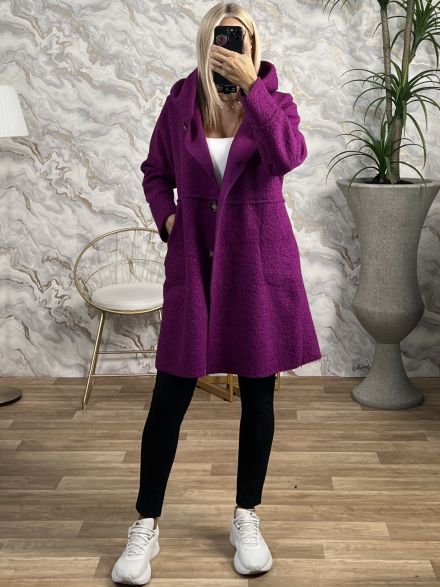 Hood Boucle Buttons Coat/Magenta