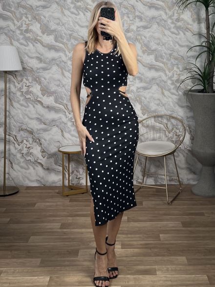 Rip CutOut Elastic Midi Dress/Polka Dot