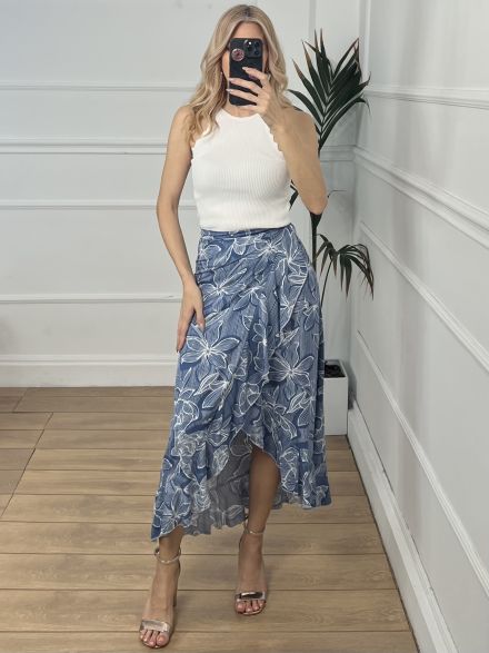 Midi Wrap Skirt/Blue Floral