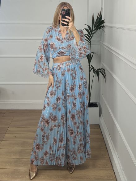 Pleated Silver String Pants Set/L.Blue